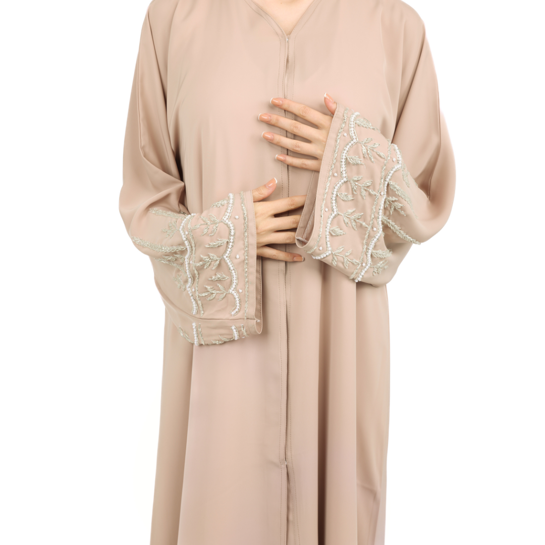 Luxurious Beige Abaya With Crystal Embellishments