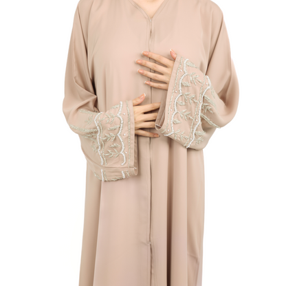 Luxurious Beige Abaya With Crystal Embellishments