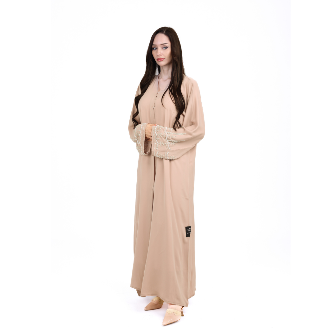 Luxurious Beige Abaya With Crystal Embellishments